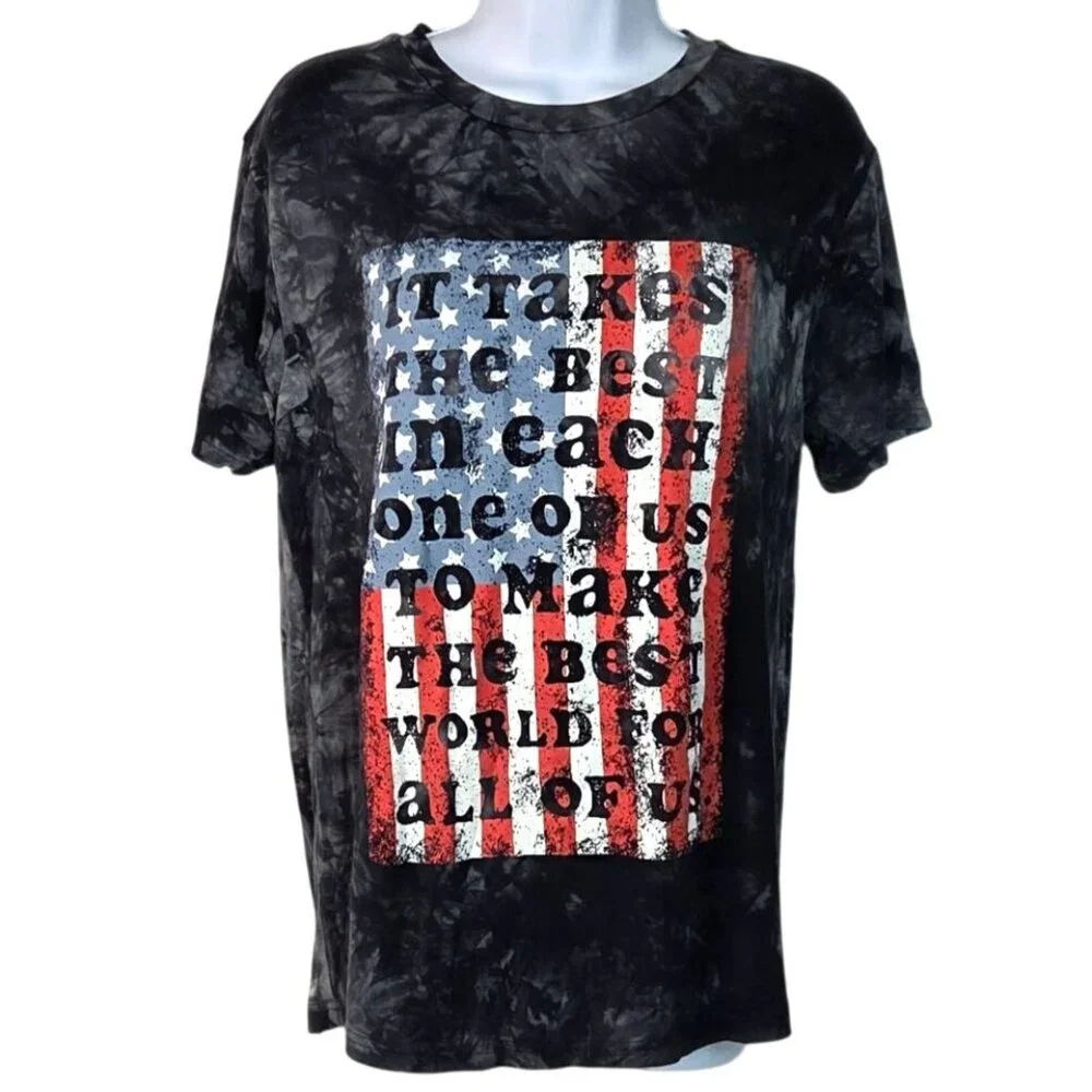 LuLaRoe American Flag Best World Black Tie Dye Graphic 4th of July T-Shirt Small - Picture 1 of 4